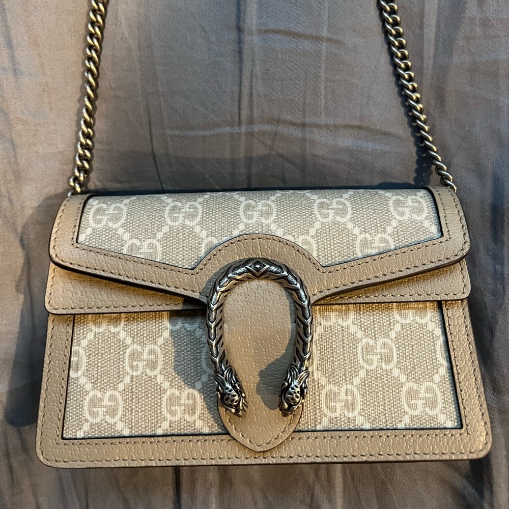 GUCCI Dionysus super mini leather-trimmed coated-canvas shoulder bag